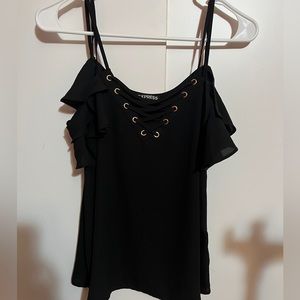 Express:Black tank top blouse with ruffle off the shoulder sleeves